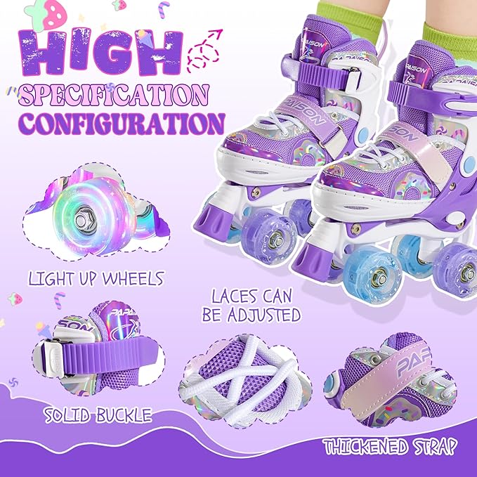 PAPAISON Adjustable Roller Skates for Girls Illuminating Wheels, Kids Toddler Rollerskates Ages 4-6 5-8 8-12