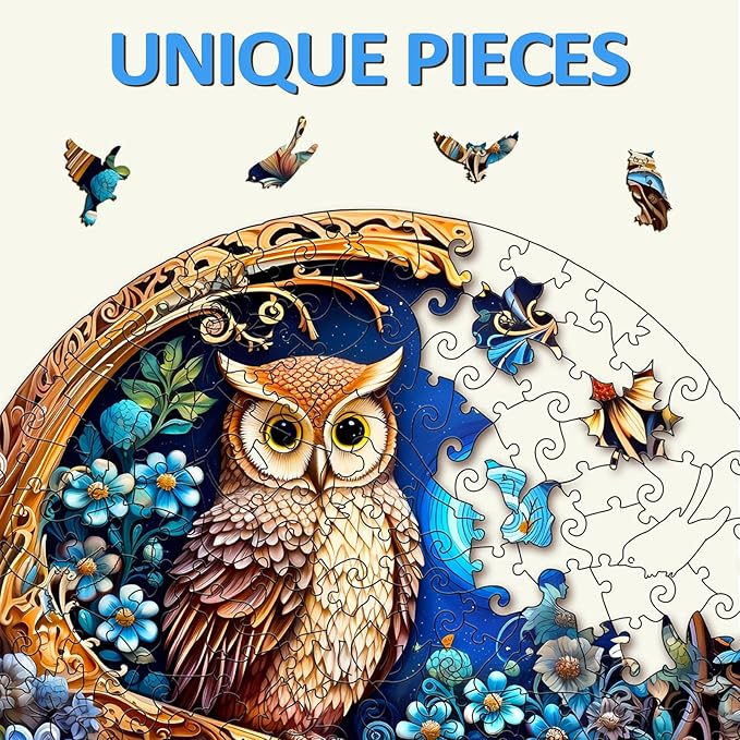 masseruon Wooden Puzzle for Adults-Moonlight Owl, Unique Shaped Jigsaw Puzzles(S, 100pieces, 8.4x8.4in), Beautiful Animal Owl Jigsaw Wood Puzzles Adult, Family Puzzle Game Christmas Birthday Gift