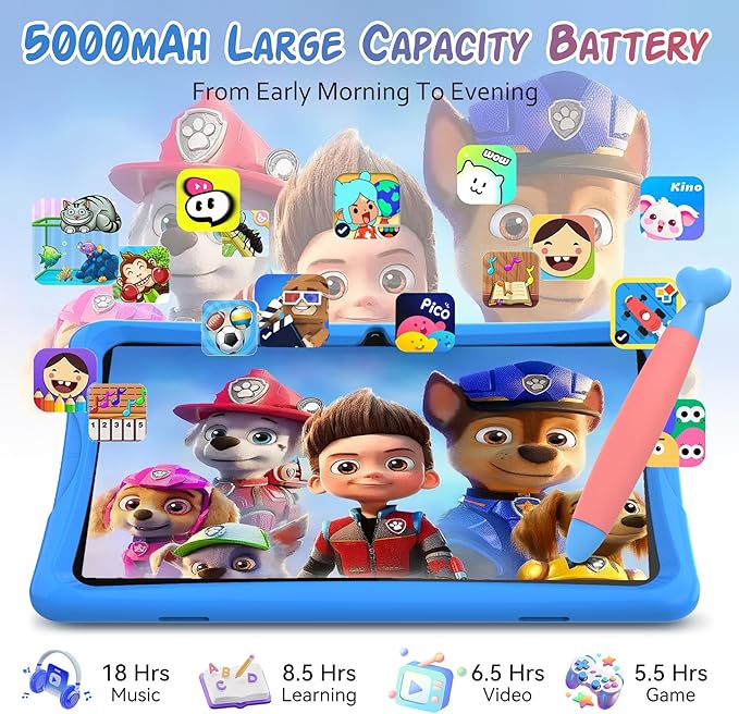 Kids Tablet 10 inch, Android 15 Tablets for Kid, Parental Control, Pre-Installed Kiddos Software & Kids Space, Includes Case & Stylus Pen, 12GB RAM 64GB ROM, 2TB Expand, HD IPS Screen(Blue)