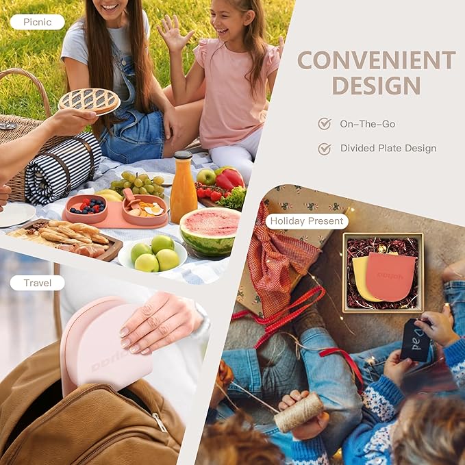 Silicone Foldable Novelty Dinner Plates,Baby Plates Travel Essential with Forks and Spoons,Microwave & Dishwasher Safe,Blush