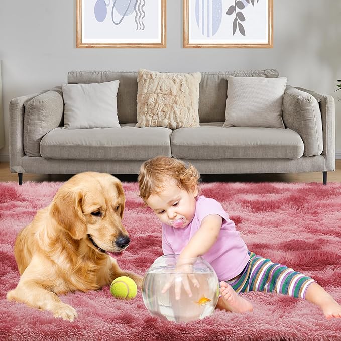 4x5.8 Area Rug, Fluffy Rugs for Living Room, Plush Carpet Rugs for Bedroom, Non-Slip Indoor Rug for Nursery, Study Room, Playroom, Home Decor, Tie-Dyed Dark Pink