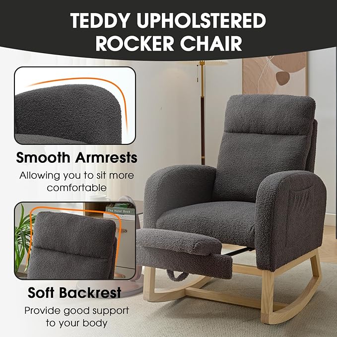 NIOIIKIT Modern Nursery Rocking Chair, Teddy Upholstered Rocking Chair with Footrest, Comfortable Rocker Chair with Side Pocket, Rocker Chair for Living Room, Bedroom, Nursing Room (Grey)