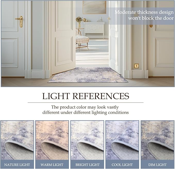 Washable Area Rugs 5'x7' Non-Slip Modern Abstract Soft for Living Room Entryway Bedroom Nursery, Print Pattern, Purple Grey Cream Yellow