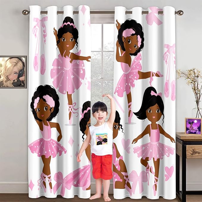 Cute Black Girl Curtain Panels for Girl Room Black Girl Curtains Grommets Top Drapes for Kids Nursery Bedroom Lovely Girls Themed Thermal Insulated Curtains, Black Girl Curtains, 82" x 84"