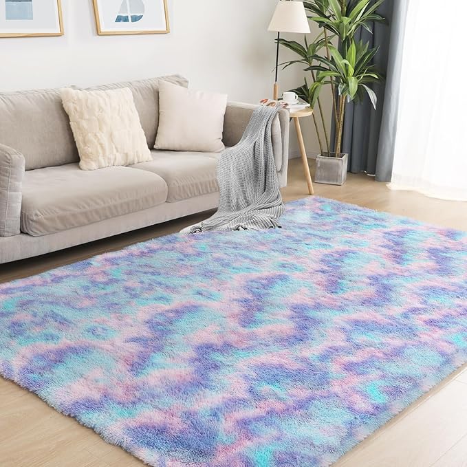 Rainbow Rug for Girls Room, 8x10 Fluffy Area Rugs for Bedroom, Colorful Kids Rug Cute Anti-Skid Indoor Carpet for Nursery, Living Room, Playroom, Home Decor