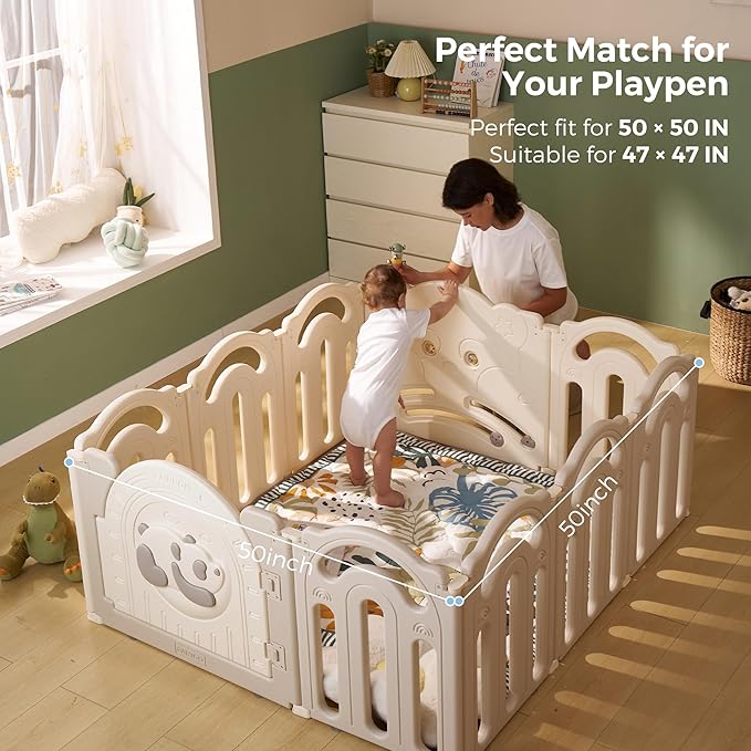 Momcozy Baby Play Mat for Floor, 50x50 Thickened Playpen Mat, Playmate for Baby Tummy Time, Waterproof & Non-Slip, Foldable Outdoor Mat with Carrying Handle, Forest World