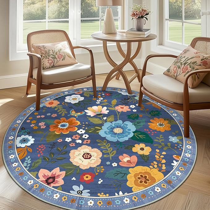 Floral 6ft Area Rug Machine Washable Soft Print Boho Carpet Non Slip Doormat Low Pile Flower Area Rugs for Living Room Bedroom Nursery Kitchen Dining Room Indoor-Blue/Grey