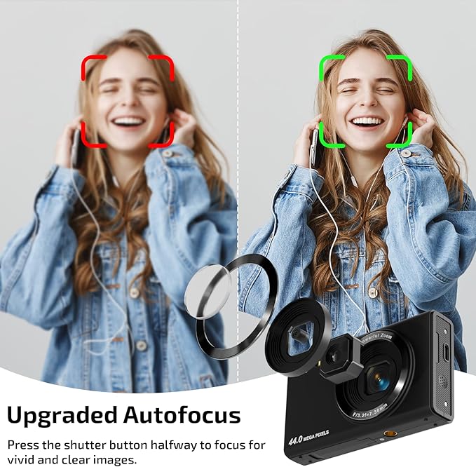 Upgrade Digital Camera, FHD 4K 44MP Autofocus Digital Point and Shoot Video Camera with 16X Zoom, 32GB SD Card, Compact Digital Camera Cheap for Teens Boys Girls Kids Black Camera