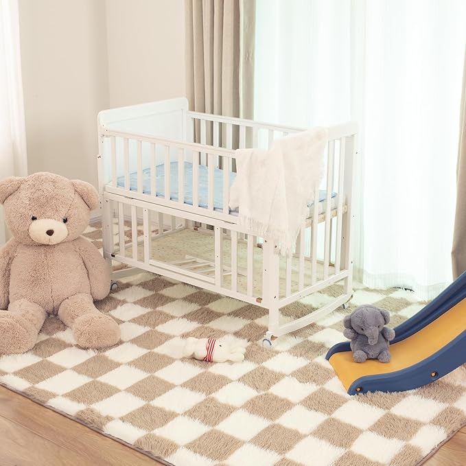 Super Soft Rug for Bedroom, 4x6 Ft Beige and White Area Rug Classic Checkered Shaggy Anti-Skid High Pile Soft Fluffy Rug Fuzzy Carpet for Living Room Bedroom Kids Room Nursery, Dorm Home Decor