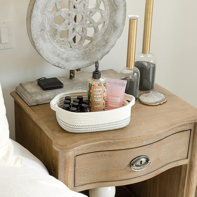 NaturalCozy 5-Piece Rectangle Storage Basket Set- Natural Cotton Rope Woven Baskets for Organizing! Small Basket for Montessori, Baby Nursery, Dog Toy Baskets, Cat Toy Box, Bathroom Organization Bin