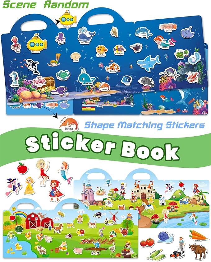 Reusable Sticker Book for Toddlers 2-4 Years, Stickers for Kids, Toddler Sticker Book Ages 1-3, Toddler Craft Activities, Toddlers Travel Toys Ages 2+ Boy Girl Birthday Gifts