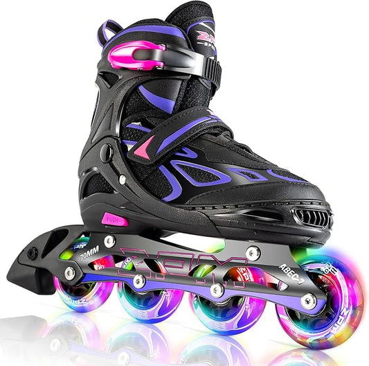 2PM SPORTS Vinal Girls Adjustable Flashing Inline Skates, All Wheels Light Up, Fun Illuminating Skates for Kids Men Adult Women and Boys
