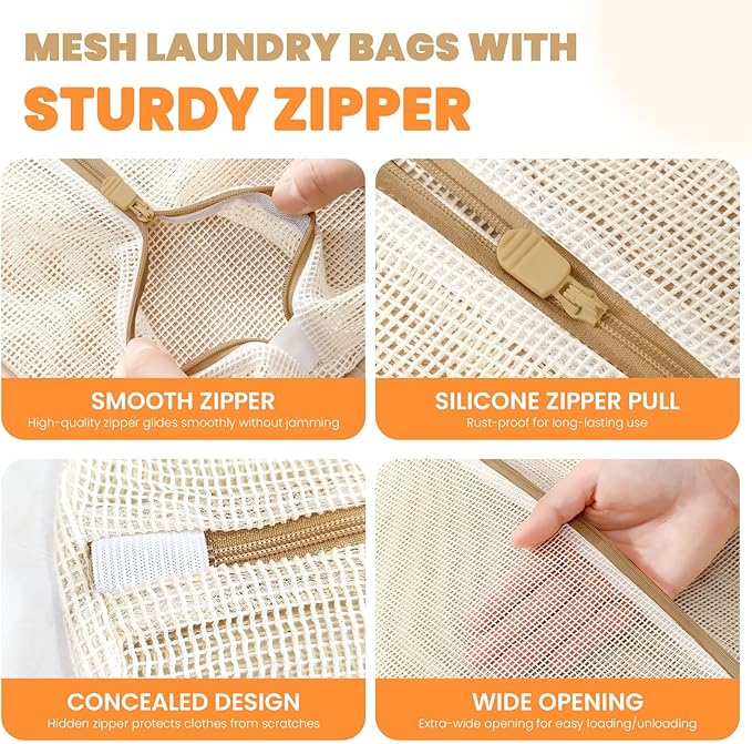 4Pcs Cotton Mesh Laundry Bags for Delicates,Breathable Mesh Garment Bag for Washing Machine,Travel Wash Bags with Zipper for Bras,Underwear,Socks,Baby Clothes,Laundry Dorm Room Essentials(S)