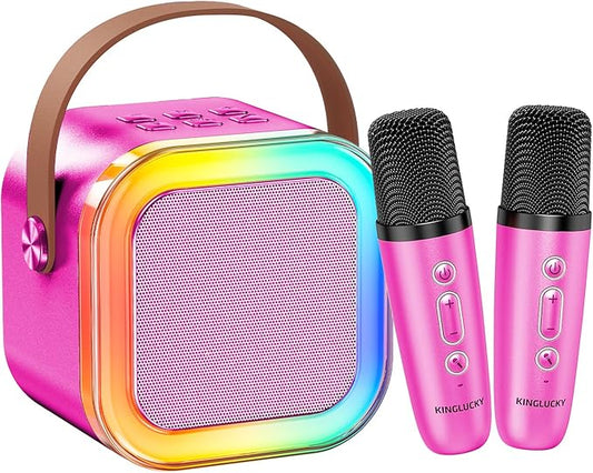 Kinglucky Mini Karaoke Machine for Kids, 2025 TOP Birthday Gifts Ideas for 3-12 Year Old Girls, Christmas Party Gifts Kids' Personal Video Players Accessories with 2 Wireless Microphones - Rose Pink