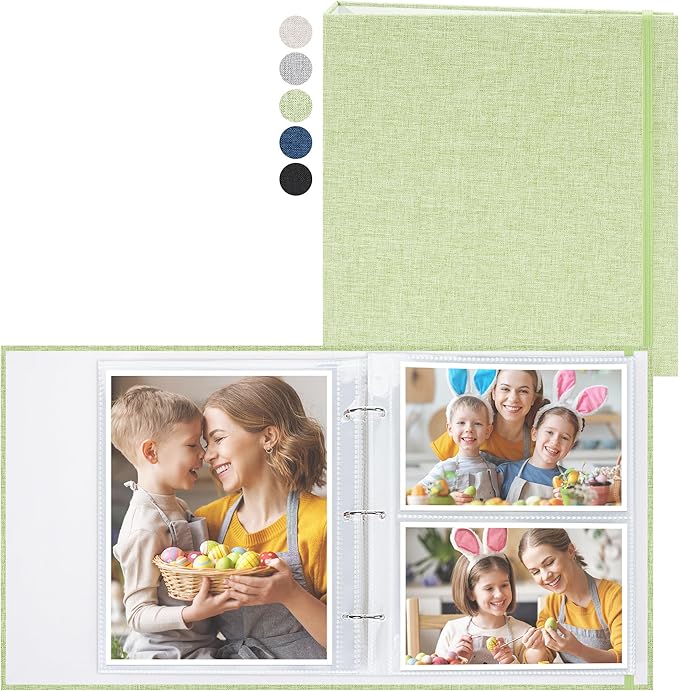 Vienrose Linen 3-Ring Photo Album Holds 190 Photos, 160 4x6 Photos and 30 6x8 Pictures, Picture Album with Multiple Size Pockets, Memory Book for Family Wedding Anniversary Baby, Green