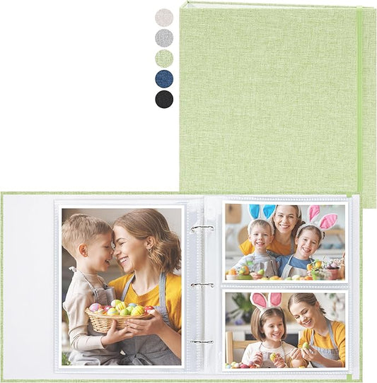 Vienrose Linen 3-Ring Photo Album Holds 250 Photos, 200 4x6 Photos and 50 6x8 Pictures, Picture Album with Multiple Size Pockets, Memory Book for Family Wedding Anniversary Baby, Green