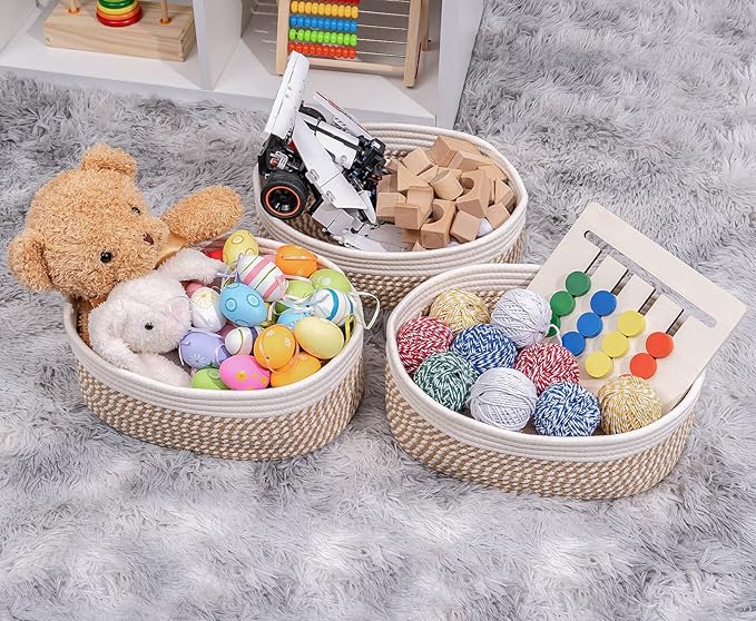 Shelf Storage Baskets for Organizing|Decorative Basket for Closet Storage|Toy Baskets&Bins|Small Woven Rope Baskets-13x8.66x5.11’’,Durable&Stylish,Oval 3 Packs Off White&Mixed Camel