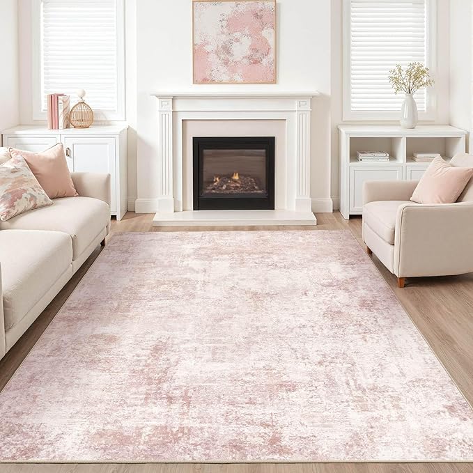 Pink Rugs for Bedroom Girls: 5x7 Washable Large Modern Soft Area Rug Indoor Non-Slip Cute Carpet for New Parents Aged 25-45 - Living Room Nursery Kids Playroom Preppy Room Baby Room Decor