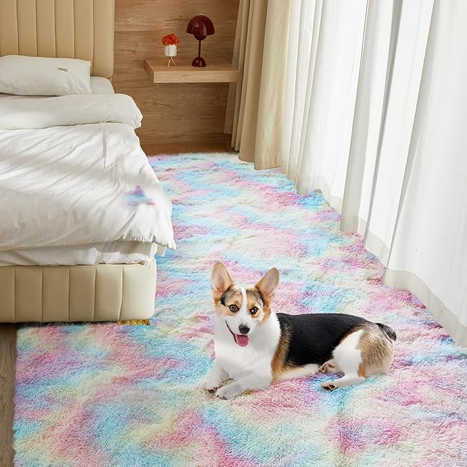 Fluffy Colorful Rug for Living Bedroom, Rainbow Fluffy Soft Plush Area Rugs for Girls Bedroom, Fuzzy Nursery Rug for Baby's Toddler's，Clorful Room Decor for Teenage, Easy-Cleaning, Non Shedding, 3X4