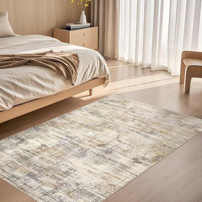 Area Rug for Living Room: 3x5 Washable Neutral Abstract Modern Soft Rugs Non Slip Indoor Floor Stain Resistant Carpet for Bedroom Dining Room Office Nursery - Golden Brown