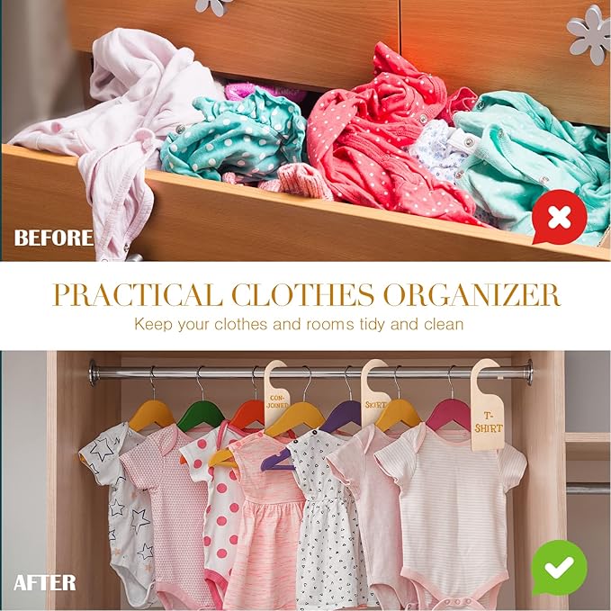 Patelai 50 Pieces Blank Wooden Clothing Rack Divider Closet Blank Organizers Hanger Separators Hanging Closet Divider with Marker Pen for Home Nursery Clothes