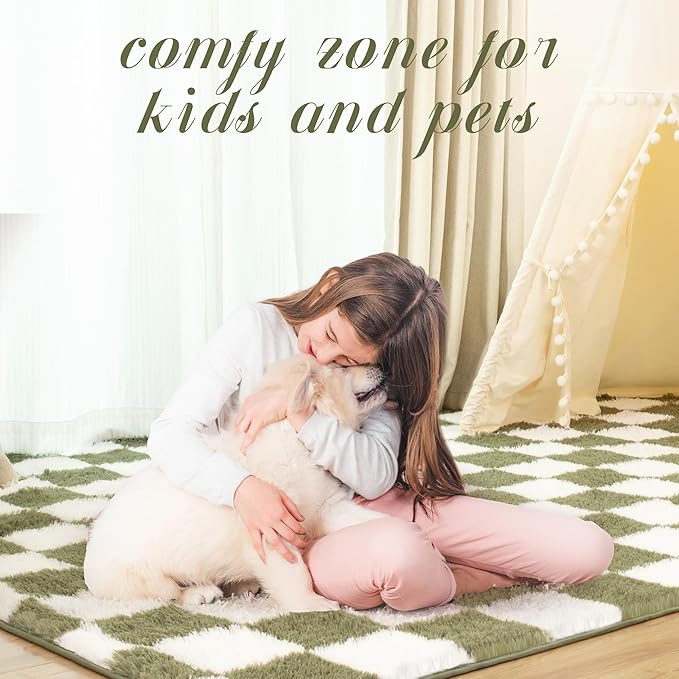Super Soft Rug for Bedroom, 6x9 Ft Green and White Area Rug Classic Checkered Shaggy Anti-Skid High Pile Soft Fluffy Rug Fuzzy Carpet for Living Room Bedroom Kids Room Nursery, Dorm Home Decor