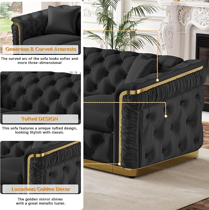 2 Piece Velvet Chesterfield Sofa Luxury Tufted Sofa Black and Gold Couch Set - Image 5