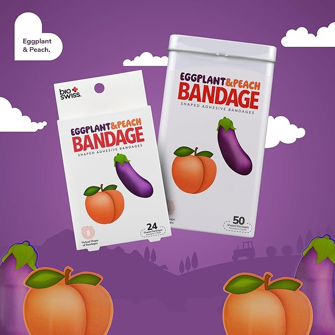 BioSwiss Bandages, Eggplant and Peach Shaped Adult Self Adhesive Bandage, Latex Free Sterile Wound Care, Funny First Aid Kit Supplies for Adults, 50 Count