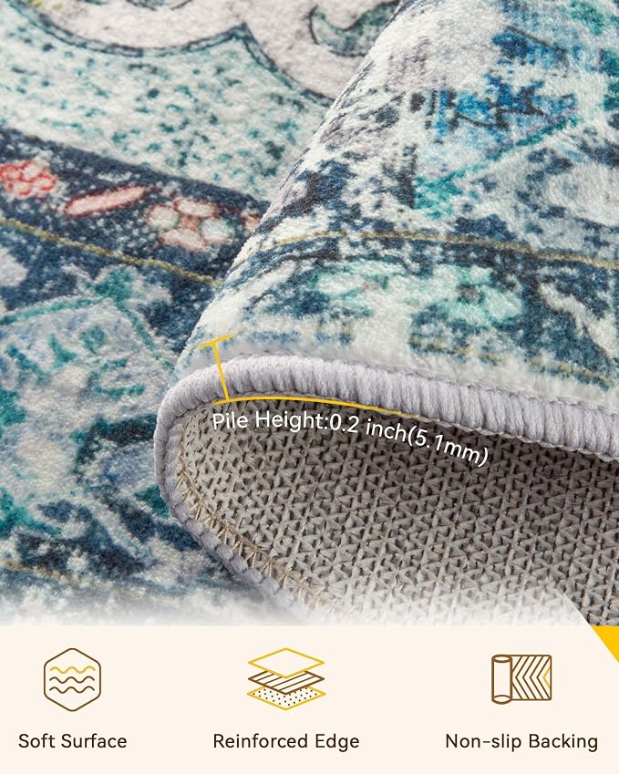 RELEANY Area Rugs Round 6ft Washable Non-Slip, Floral Vintage Distress Print - Image 4