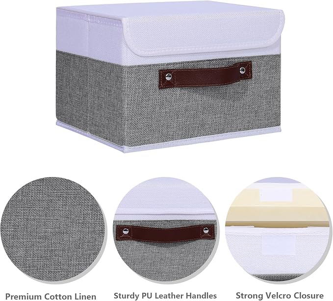 ANMINY 4PCS Storage Boxes with Lid Washable Decorative Storage Bins Basket with PU Leather Handle Foldable Linen Fabric Storage Cubes Containers for Home Closet Organizer - Gray White, Small Size