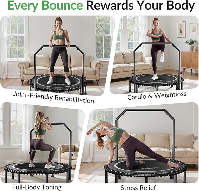 BCAN 40"/48" Mini Rebounder Trampoline for Adults with Bar, 450/550LBS Fitness Trampoline with Bungees, Adjustable Handle, Stable & Quiet, Indoor Outdoor, Whole-Body Workout & Relaxation at Home