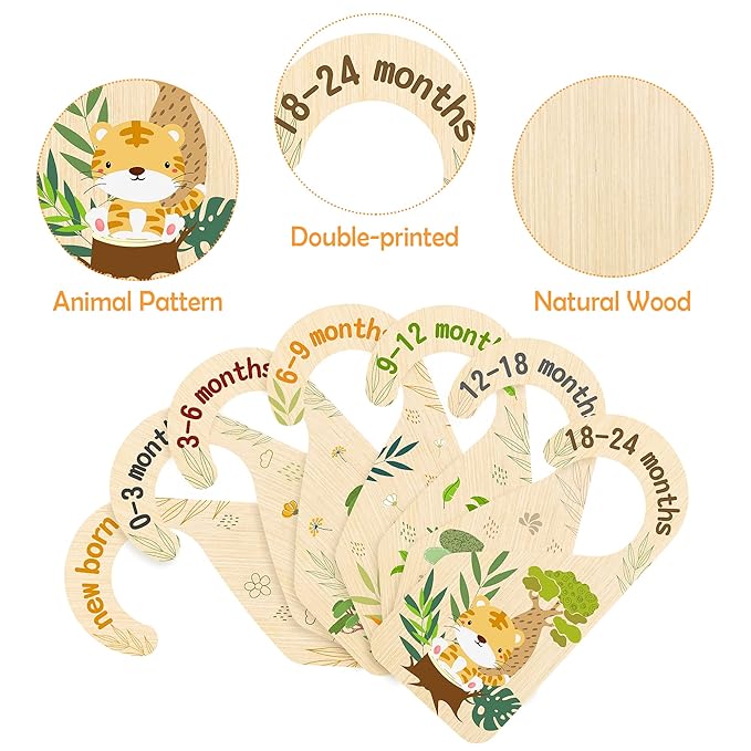 R HORSE 8Pcs Safari Baby Closet Dividers, Double Sided Nursery Hanger Dividers Wood Baby Closet Size Organizers for Boy Girl Birthday Christmas Gift (0-24 Months)