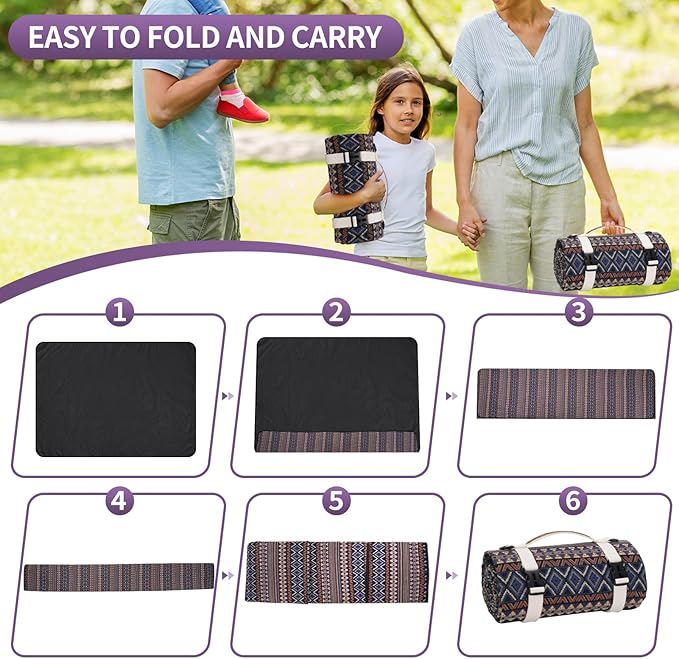 Picnic Blankets Outdoor Extra Large-Waterproof Picnic Blanket with Shoulder Carry Strap | Machine Washable Picnic Mat with Sandproof Backing for Park , Grass, Camping, Hiking, Concerts (Blue)