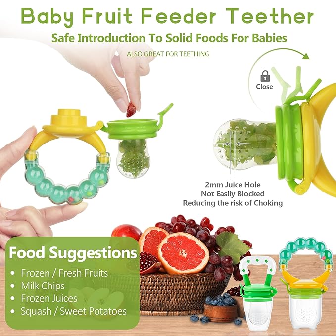WAJIAYON Baby Fruit Feeder Pacifier - 12 Pack | 2 Infant Food Feeder Pacifier & 1 Babies Food Dispensing Spoon | Fresh Fruit Teethers for Babies | Silicone Feeder Baby,Infant Teething Feeders(Green)