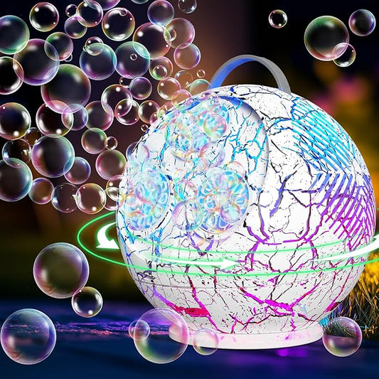 Bubble Machine Automatic Bubble Blower for Kids Toddlers Rechargeable Portable Spherical LED Bubble Maker Electric Auto Rotating 45°/360° Outdoor Toy Birthday Party Wedding (Spherical Crackle White)