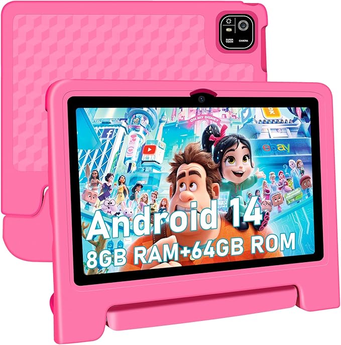 Tablet for Kids, 10.1 inch IPS HD Touchscreen Android 14 64 GB Storage, 8GB RAM, Octa-Core Kids Tablet, Parental Controls, 12-hr Battery, WiFi, GPS - Pink