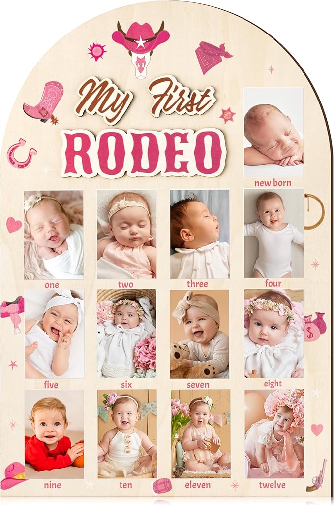 R HORSE My First Year Photo Frame Board, 3D Western Cowgirl Birthday Decorations Display Wood Board, Baby First Year Picture Frame 12 Months Milestone 1st Birthday Nursery Decor Gift for Girl