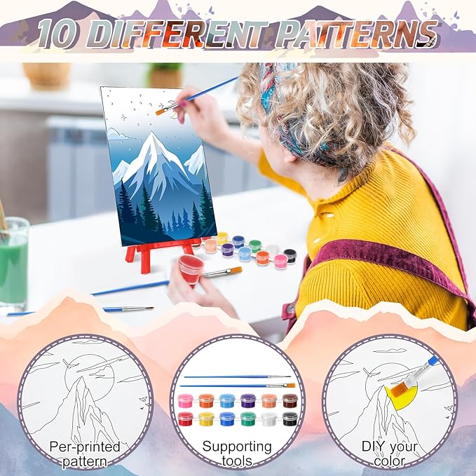 Blosssound 10 Set Pre Printed Canvas Pre Drawn Canvas Painting with Easel Kits 5" x 7" Outline Painting Panels for Beginners, DIY Craft Project, Party Favor, Home Decors(Sunset)