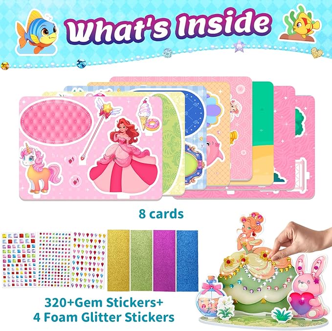 Stickers for Kids, Gem Stickers Kit, Travel Toys for Girls, 600+Sticker, DIY Scrapbooking Activity, 5 Princess Theme Diamond Art Kits for Kids Christmas Birthday Gifts for Girls Ages 3, 4, 5, 6, 7, 8