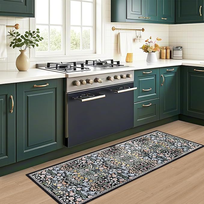 Runner Rug for Entryway: 2x6 Kitchen Rugs Non Slip Washable Ultra-Thin Soft Floral Carpet Indoor Stain Resistant Carpets for Hallway Bedroom Kitchen Laundry Bathroom Dorm Dark Black