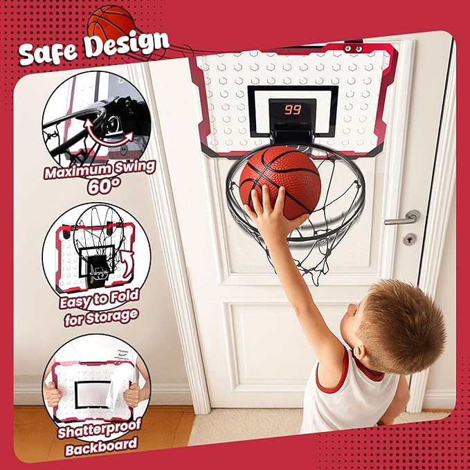 LovesTown Indoor Mini Basketball Hoop for Kids, Basketball Hoops Over The Door with LED Lighting, Mini Hoop with 4 Balls Electronic Scoreboard Toys, Sports Toys Gifts for Boys Girls