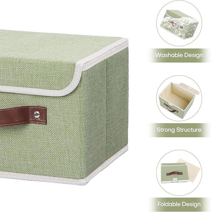 ANMINY 2PCS Storage Bins with Lid PU Leather Handles Storage Boxes PP Plastic Board Decorative Foldable Lidded Cotton Linen Fabric Home Cubes Baskets Closet Organizer Containers - Green, Small Size