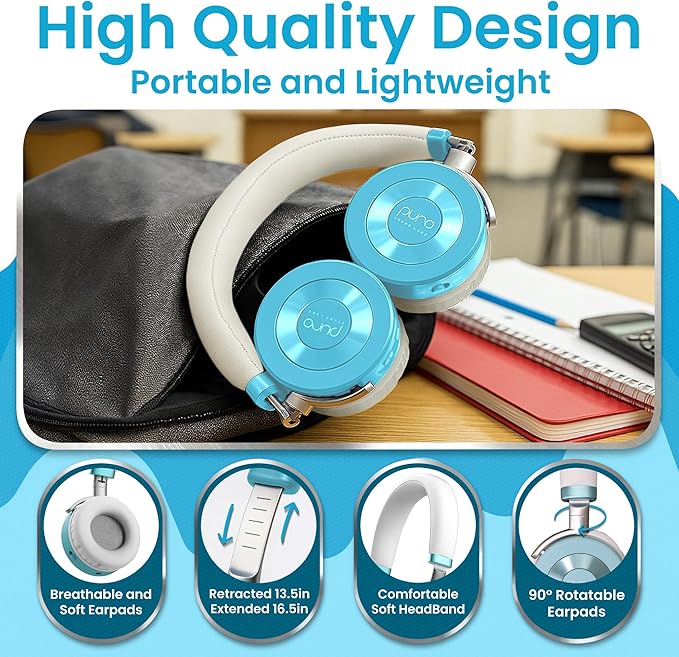 Puro Sound Labs JuniorJam Plus Volume-Limiting Wireless Bluetooth Headphones for Kids, Secure Audio with Adjustable On-Ear Design, 22-Hour Battery, Ideal for Tablets, Smartphones & PCs - Teal