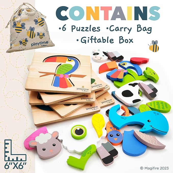 MAGIFIRE Wooden Puzzles for Toddlers 1-3 - 6-Pack Multicolor Cartoon Animal Puzzle Set - Large Easy-Grip Pieces for Small Hands with Storage Bag and Box