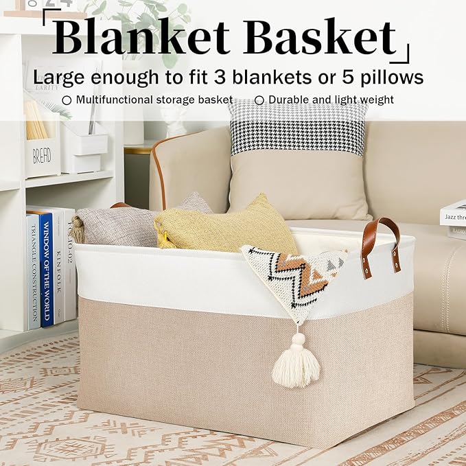 DULLEMELO Extra Large Baskets for Organizing, 22" X 15" X 13" Rectangle Fabric Storage Bins, Foldable Blanket Basket Living Room, Large Kids Toy Storage Organizer Bins, Baby Basket Gift (White&Khaki)
