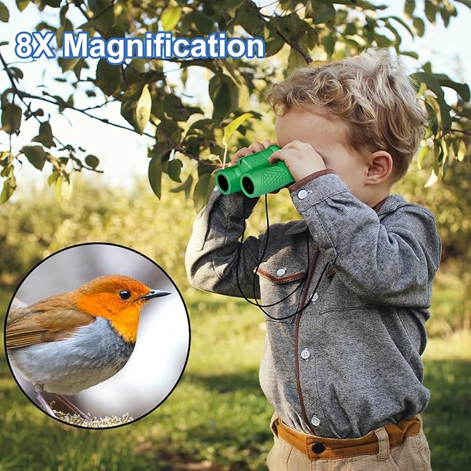 Binoculars for Kids 8x21, Gift for 3-12 Years Boys & Girls, Compact Kids Binoculars High-Resolution Shockproof Mini Binoculars for Bird Watching, Hiking, Camping, Travel Green 301