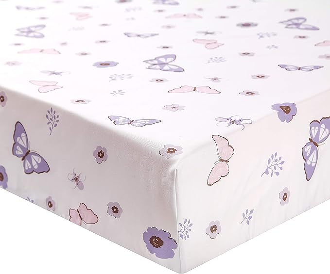 La Premura 3-Piece Purple Butterfly Baby Crib Bedding Set for Girls, Lilac Standard Size Crib Set for Baby Girl, Comforter, Fitted Sheet, and Dust Ruffle Skirt, Baby Nursery Floral Design for Girls