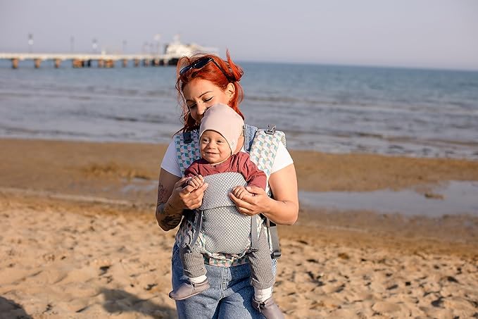 Beco Gemini Baby Carrier from Newborn to Toddler - Certified Ergonomic Newborn Baby Carrier for Infants and Children of 7-35 lbs - M Shape, Adjustable Seat, Breathable 3D Mesh (Cool Grey Geometric)