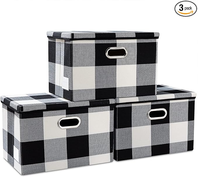 PRANDOM Large Collapsible Storage Bins with Lids [3-Pack] Fabric Foldable Storage Boxes Organizer Containers Baskets Cube with Cover for Home Bedroom Closet Office Black and White (17.7x11.8x11.8)