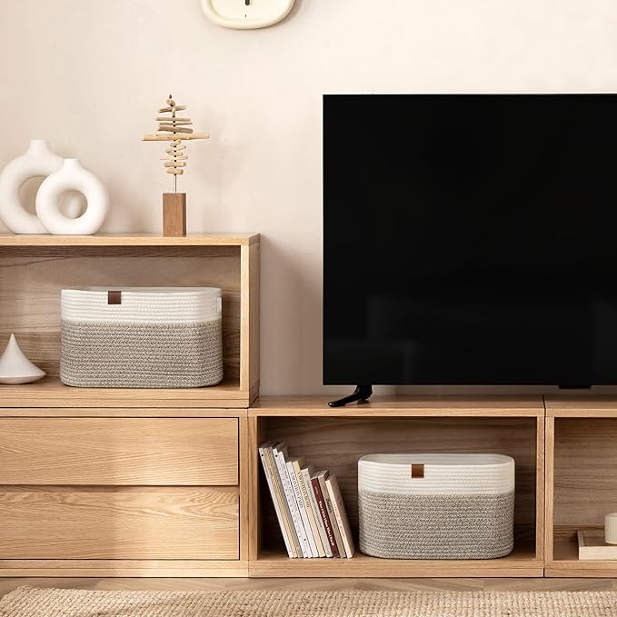 UBBCARE 4 Pack Baskets for Organizing, Woven Storage Baskets with Label for Toys and Towel, Rectangle Cotton Rope Basket with Handles, 15''L x10''W x9''H, White&Brown